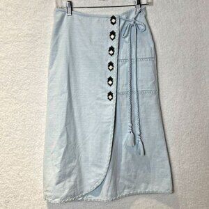 Cartolina Women's Eliana Cotton Wrap Waist Midi Skirt Pale Blue Embroidered XS